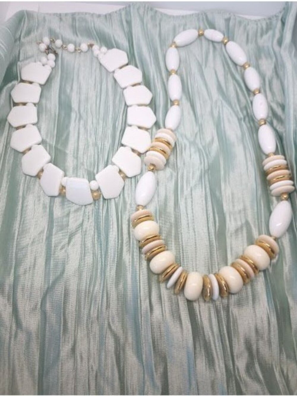 2 Vintage White & Gold Beaded Collar Necklaces Glass Hexagonal & Rresin Oval